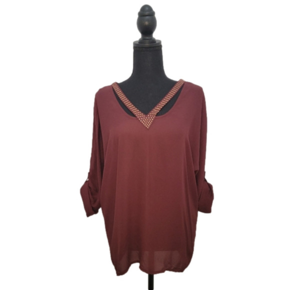 Metaphor Scoop V-Neck 3/4 Cuffed Sleeves Sheer Maroon Blouse with Stud Accents - Picture 1 of 14
